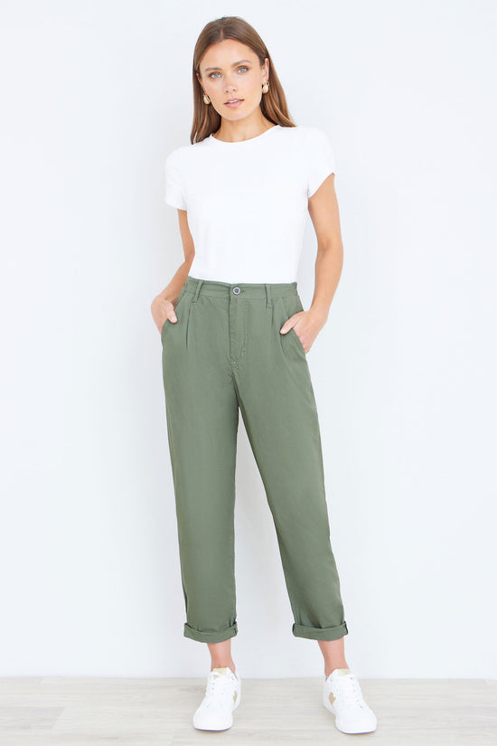 Yumi Khaki Cotton Canvas Chino Trousers - QHA UK
