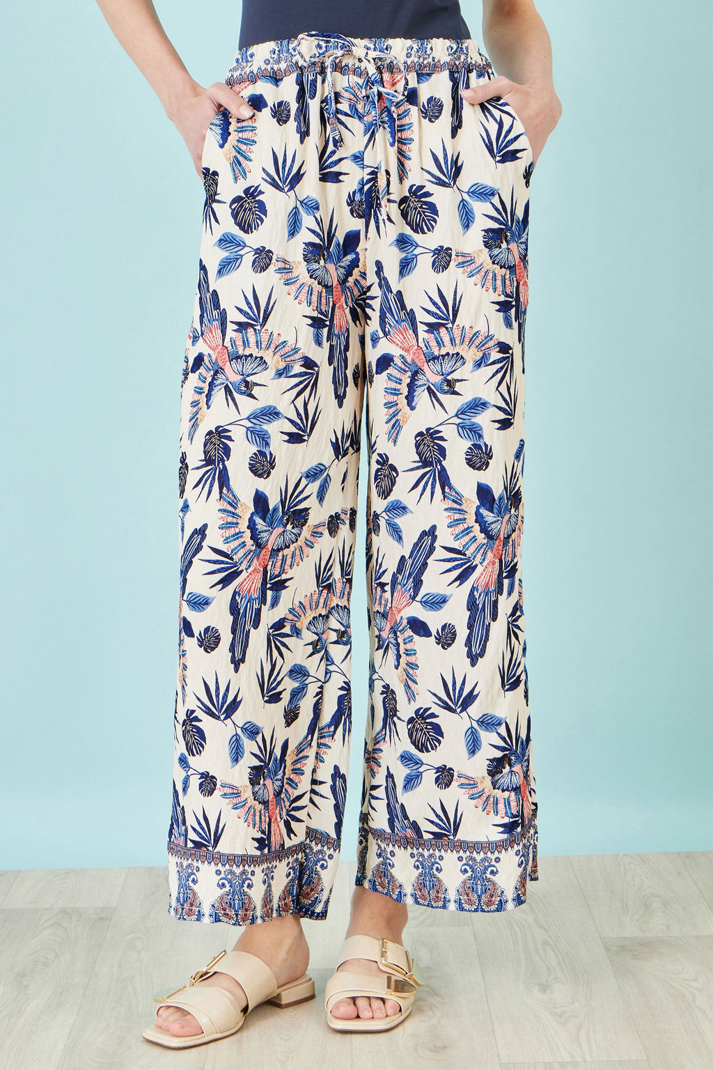 Yumi Blue Bird Print Viscose Wide Leg Trousers - QHA UK