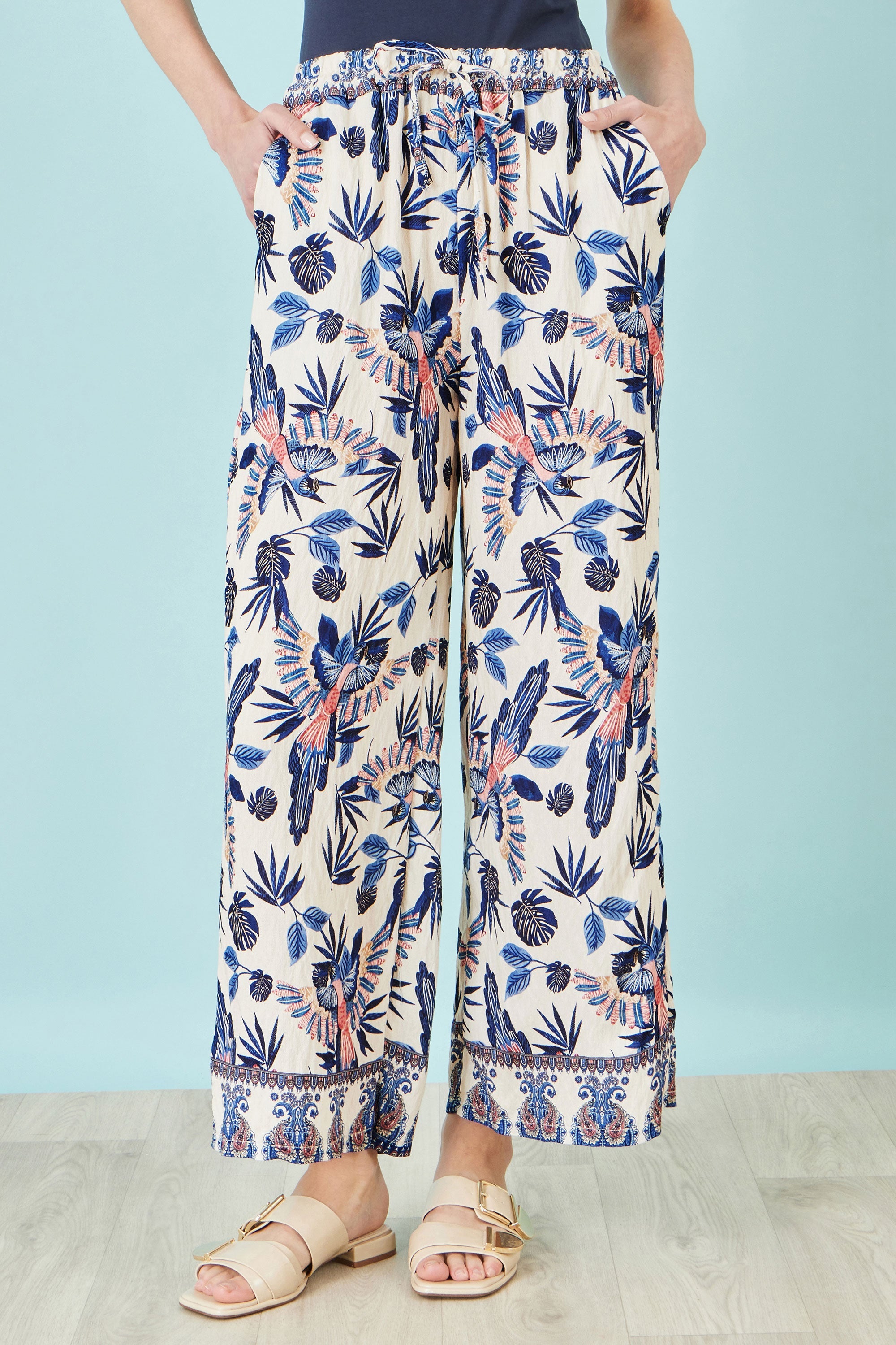 Yumi Blue Bird Print Viscose Wide Leg Trousers - QHA UK