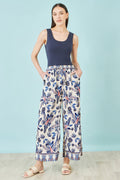 Yumi Blue Bird Print Viscose Wide Leg Trousers - QHA UK