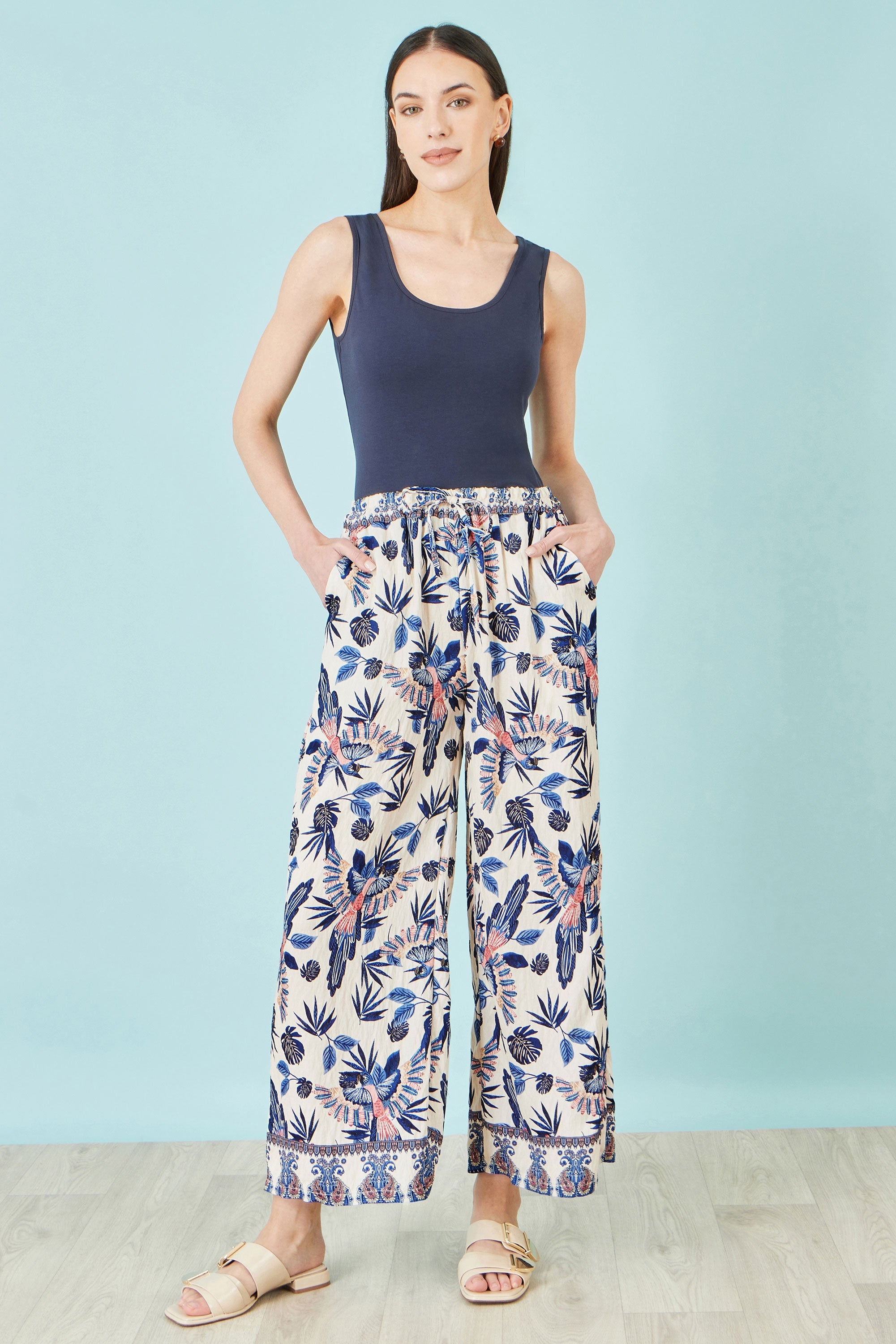 Yumi Blue Bird Print Viscose Wide Leg Trousers - QHA UK