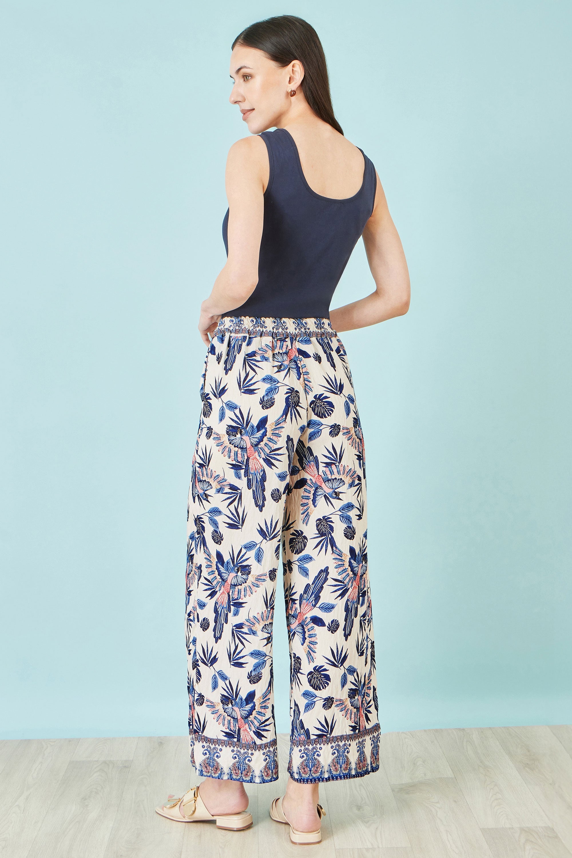 Yumi Blue Bird Print Viscose Wide Leg Trousers - QHA UK