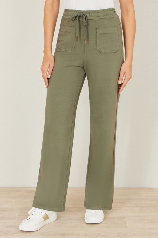 Yumi Khaki Relaxed Stretch Wide Leg Trousers With Pockets - QHA UK