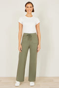 Yumi Khaki Relaxed Stretch Wide Leg Trousers With Pockets - QHA UK