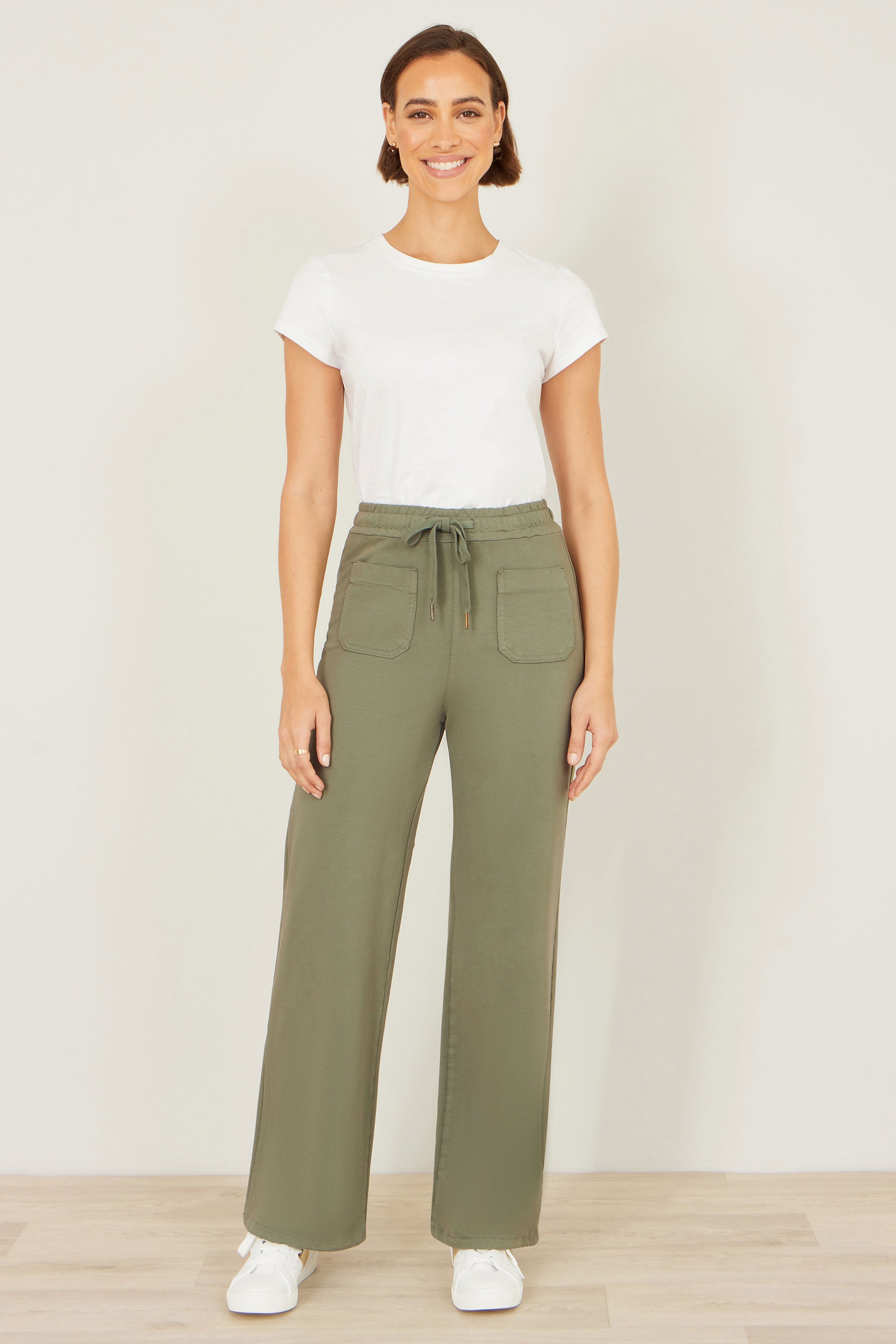 Yumi Khaki Relaxed Stretch Wide Leg Trousers With Pockets