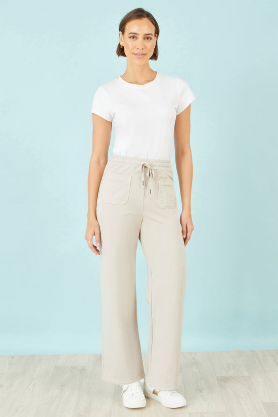 Yumi Cream Relaxed Stretch Wide Leg Trousers With Pockets - QHA UK