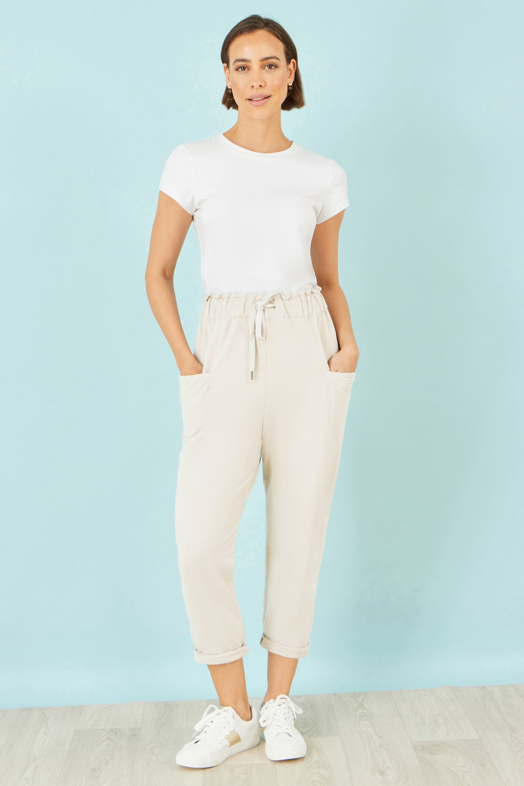 Yumi Cream Cotton Relaxed Stretch Trousers With Pockets