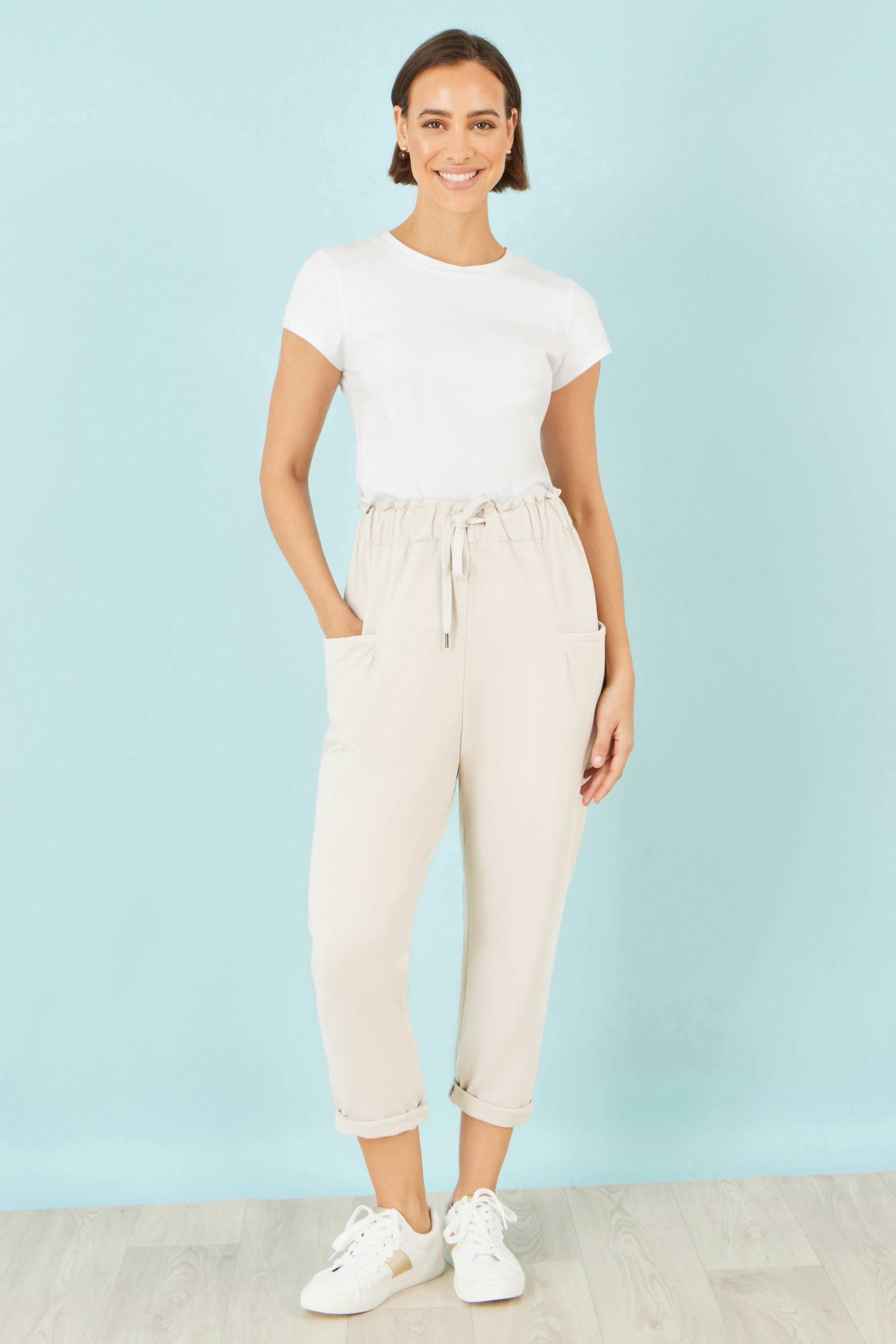 Yumi Cream Cotton Relaxed Stretch Trousers With Pockets