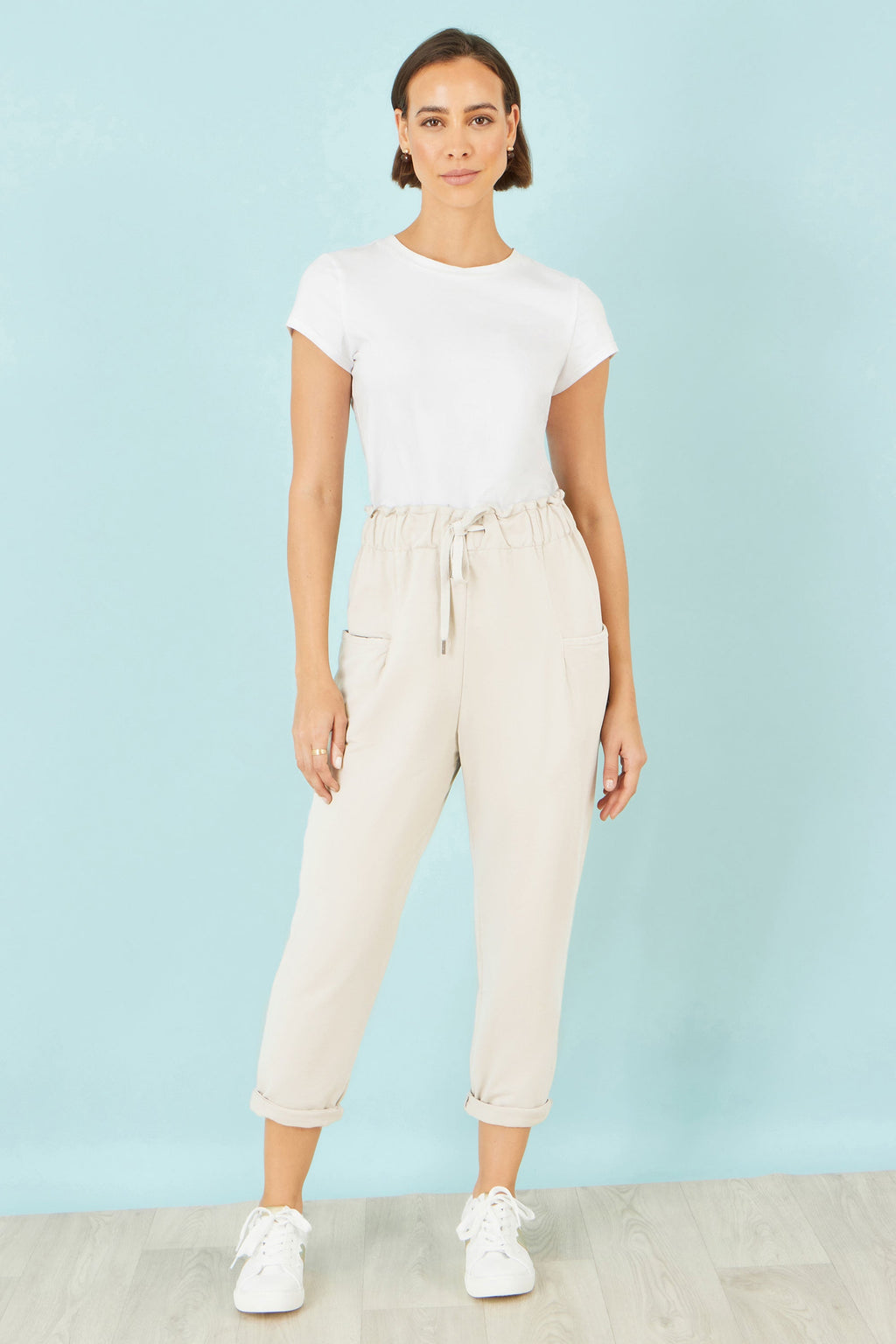 Yumi Cream Cotton Relaxed Stretch Trousers With Pockets