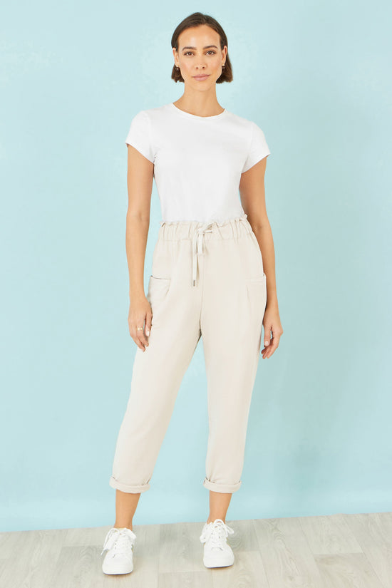 Yumi Cream Cotton Relaxed Stretch Trousers With Pockets - QHA UK