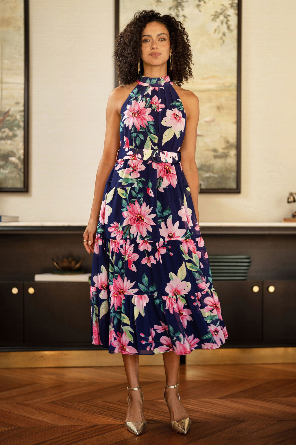 Yumi Navy Floral Halter Neck Midi Dress With Matching Belt