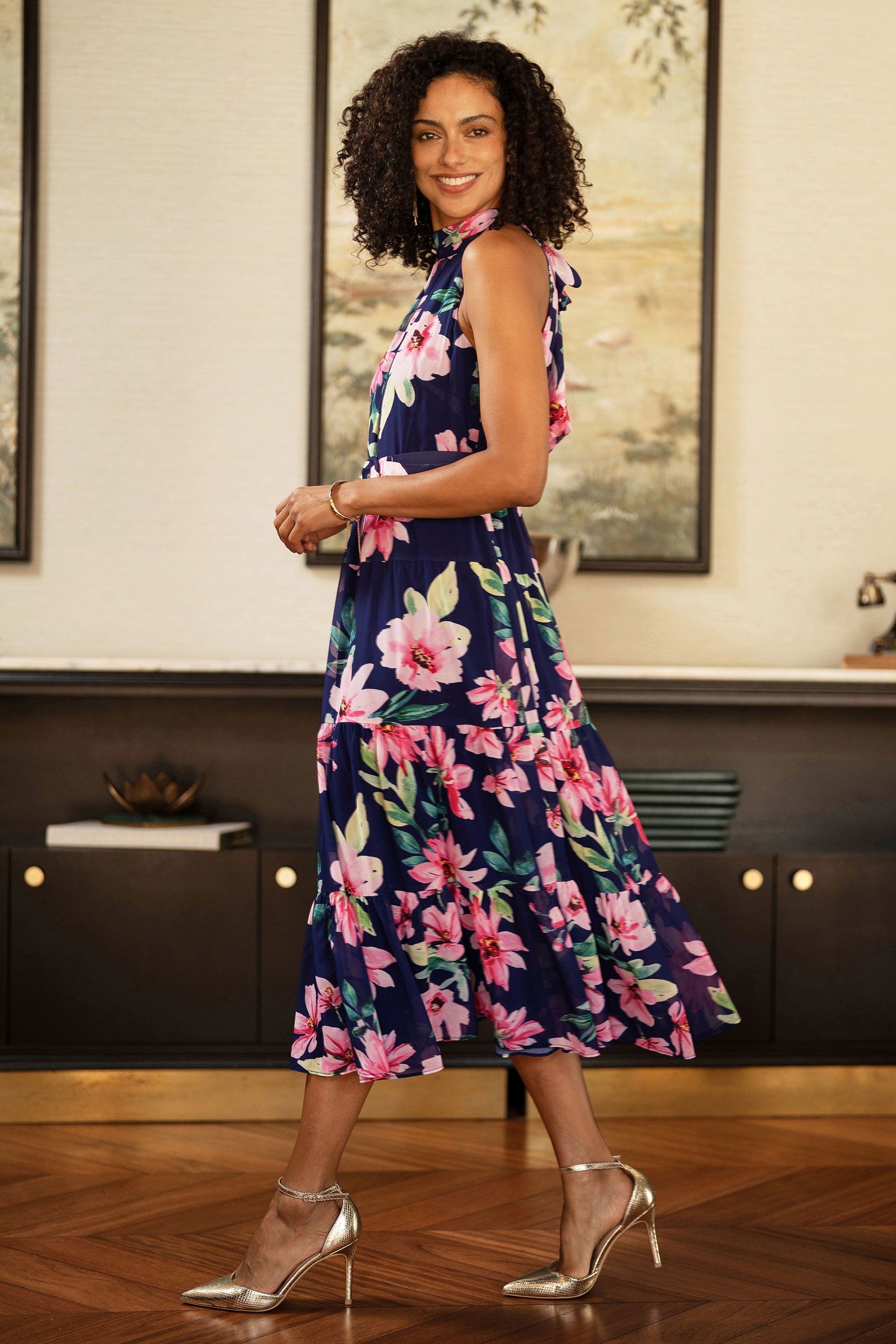 Yumi Navy Floral Halter Neck Midi Dress With Matching Belt