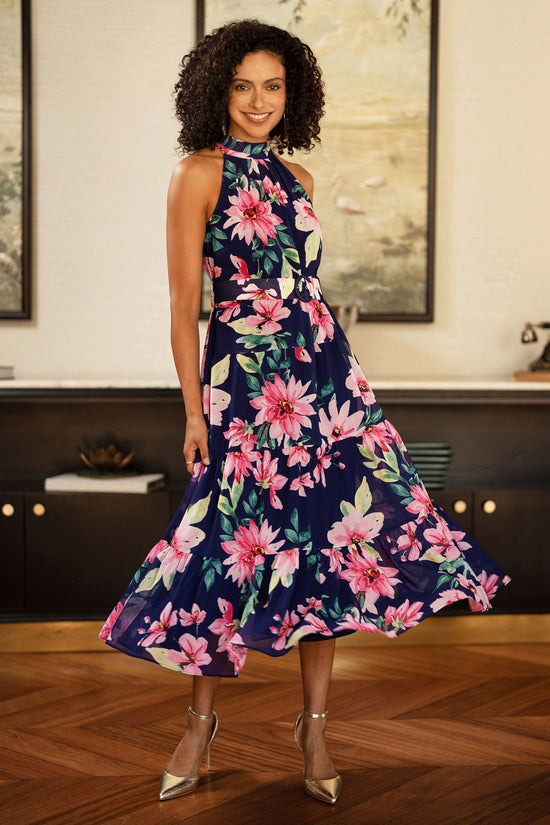 Yumi Navy Floral Halter Neck Midi Dress With Matching Belt - QHA UK