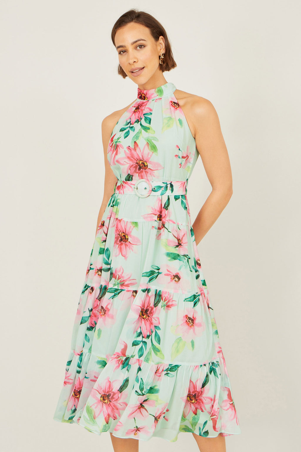 Yumi Mint Floral Halter Neck Midi Dress With Matching Belt