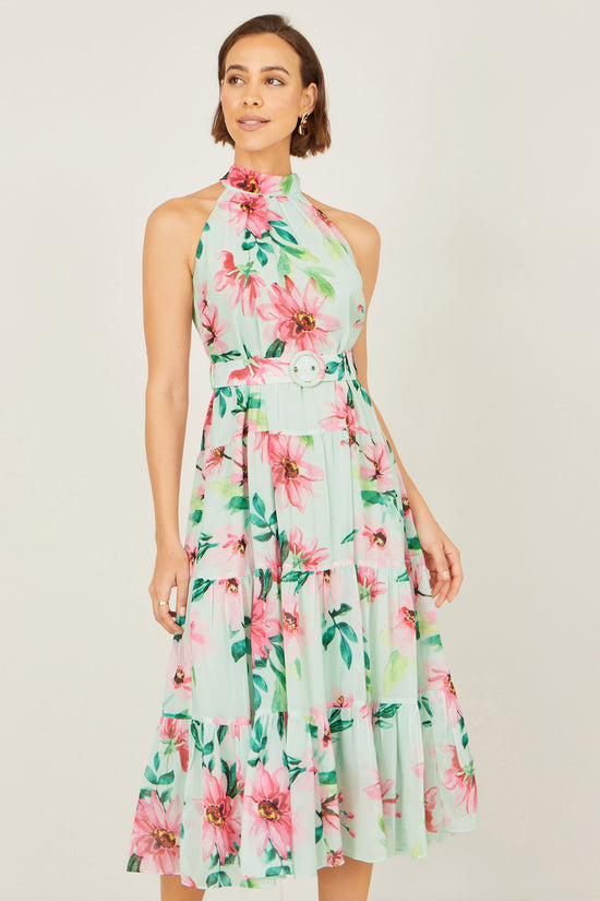 Yumi Mint Floral Halter Neck Midi Dress With Matching Belt - QHA UK