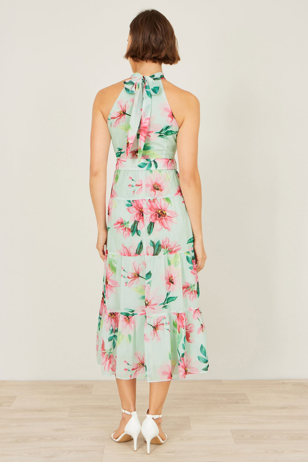 Yumi Mint Floral Halter Neck Midi Dress With Matching Belt
