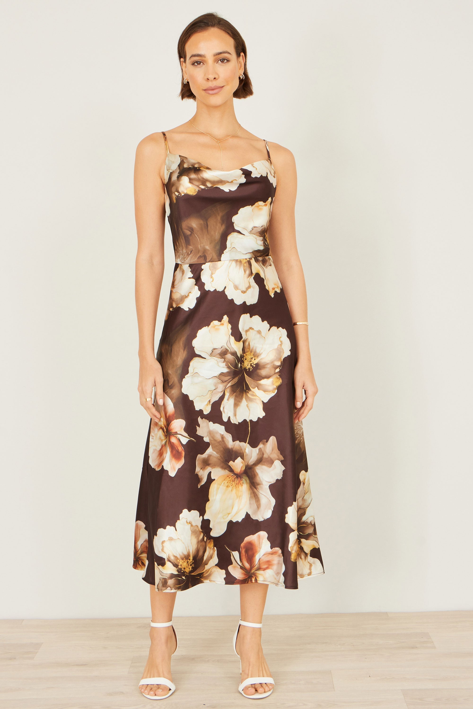 Yumi Brown Cowl Neck Satin Floral Dress