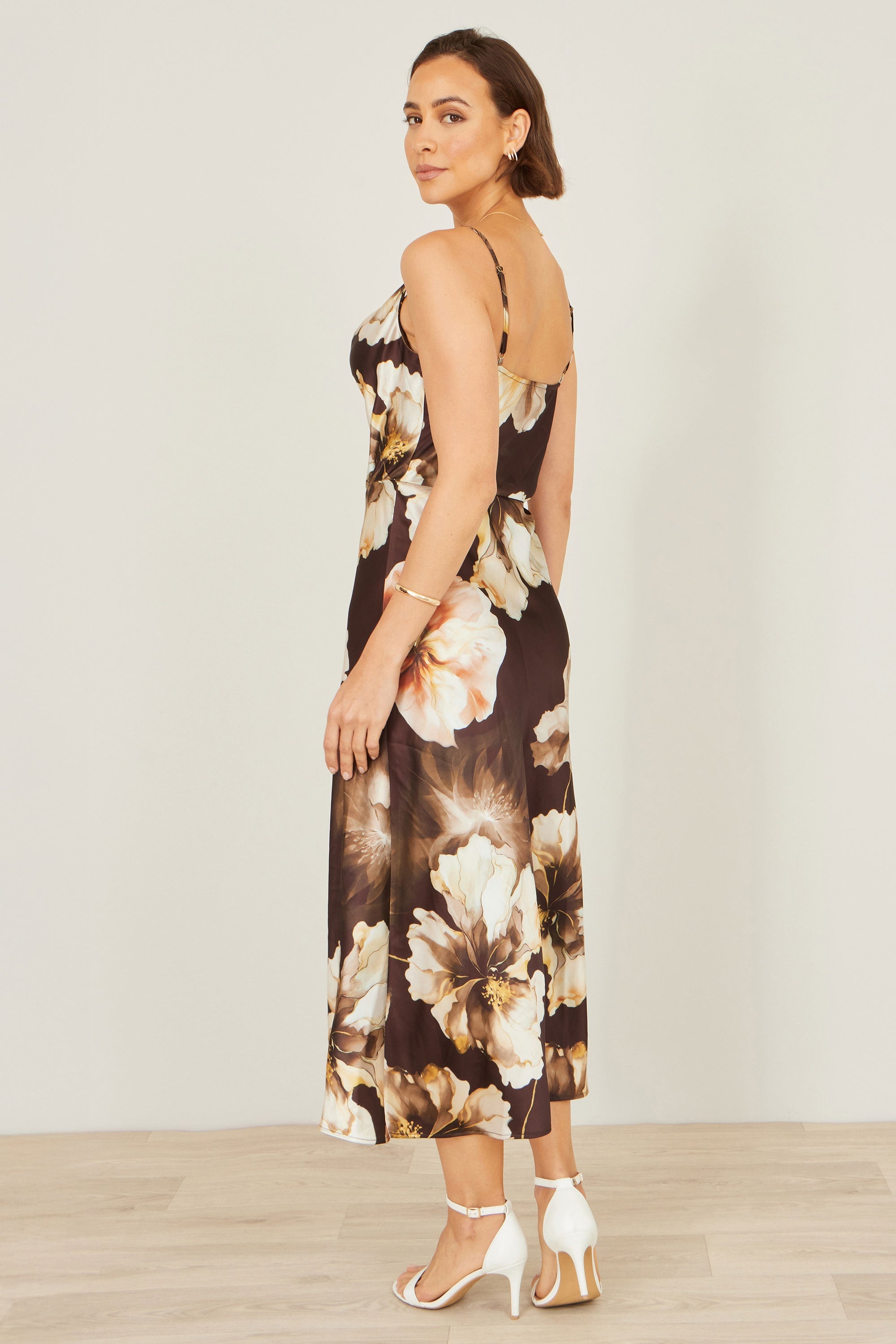 Yumi Brown Cowl Neck Satin Floral Dress
