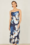 Yumi Navy Cowl Neck Satin Floral Dress - QHA UK