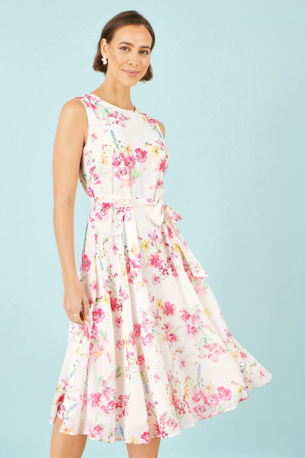 Yumi White Delicate Floral Midi Skater Dress - QHA UK
