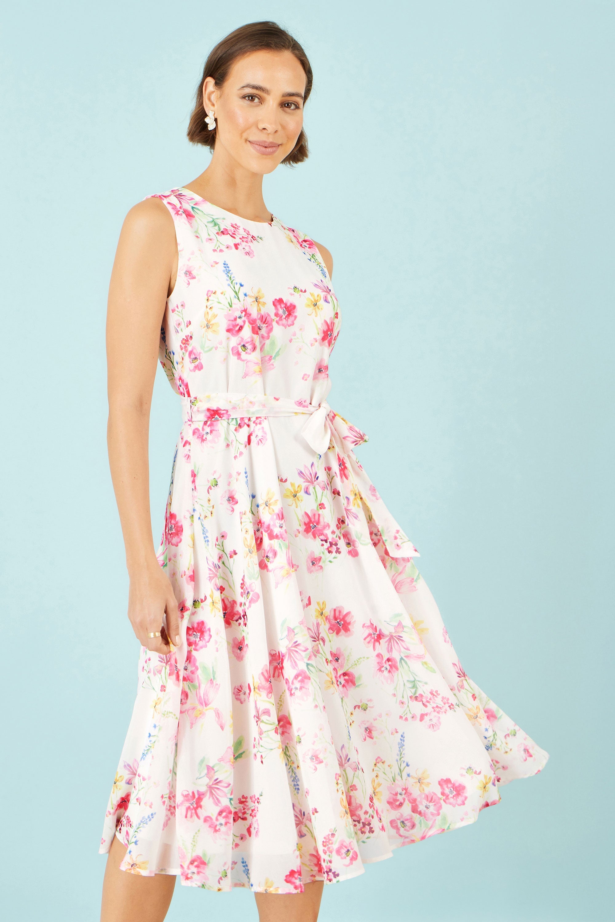 Yumi White Delicate Floral Midi Skater Dress - QHA UK