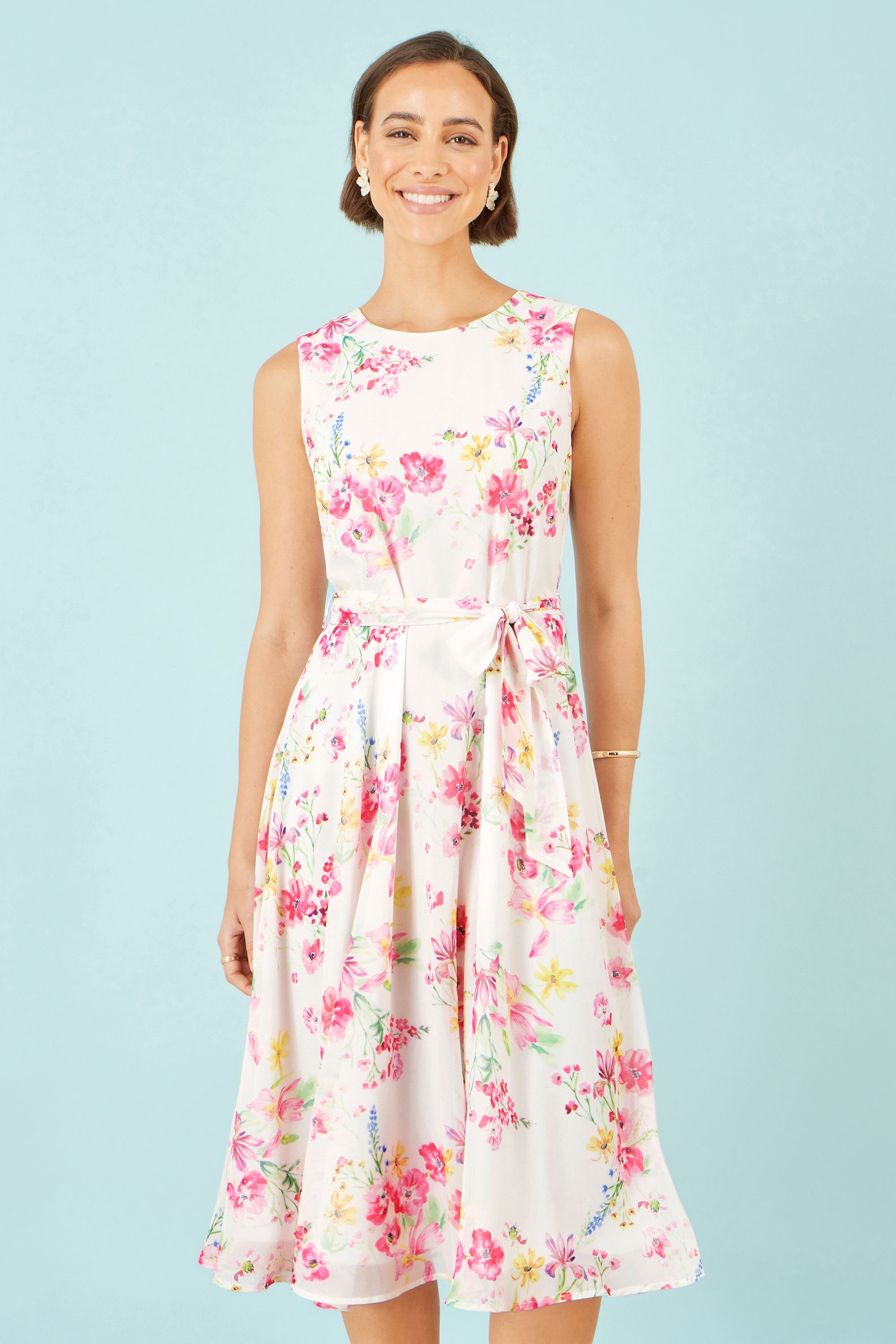 Yumi White Delicate Floral Midi Skater Dress - QHA UK