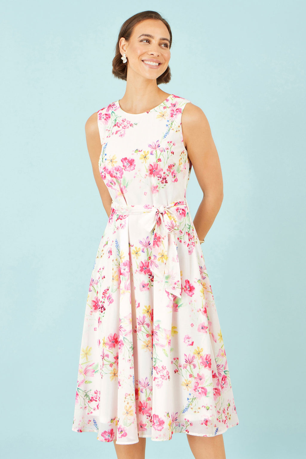 Yumi White Delicate Floral Midi Skater Dress - QHA UK