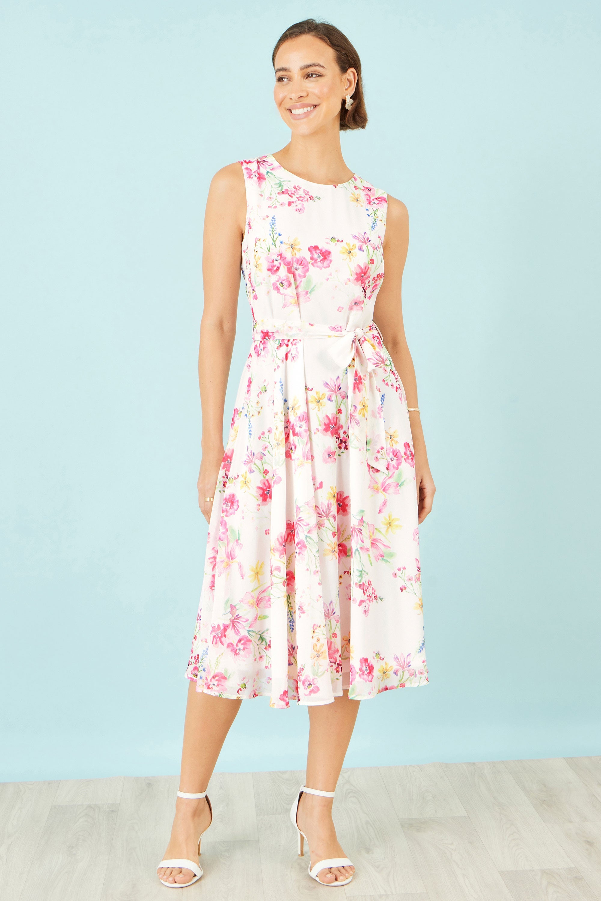 Yumi White Delicate Floral Midi Skater Dress - QHA UK