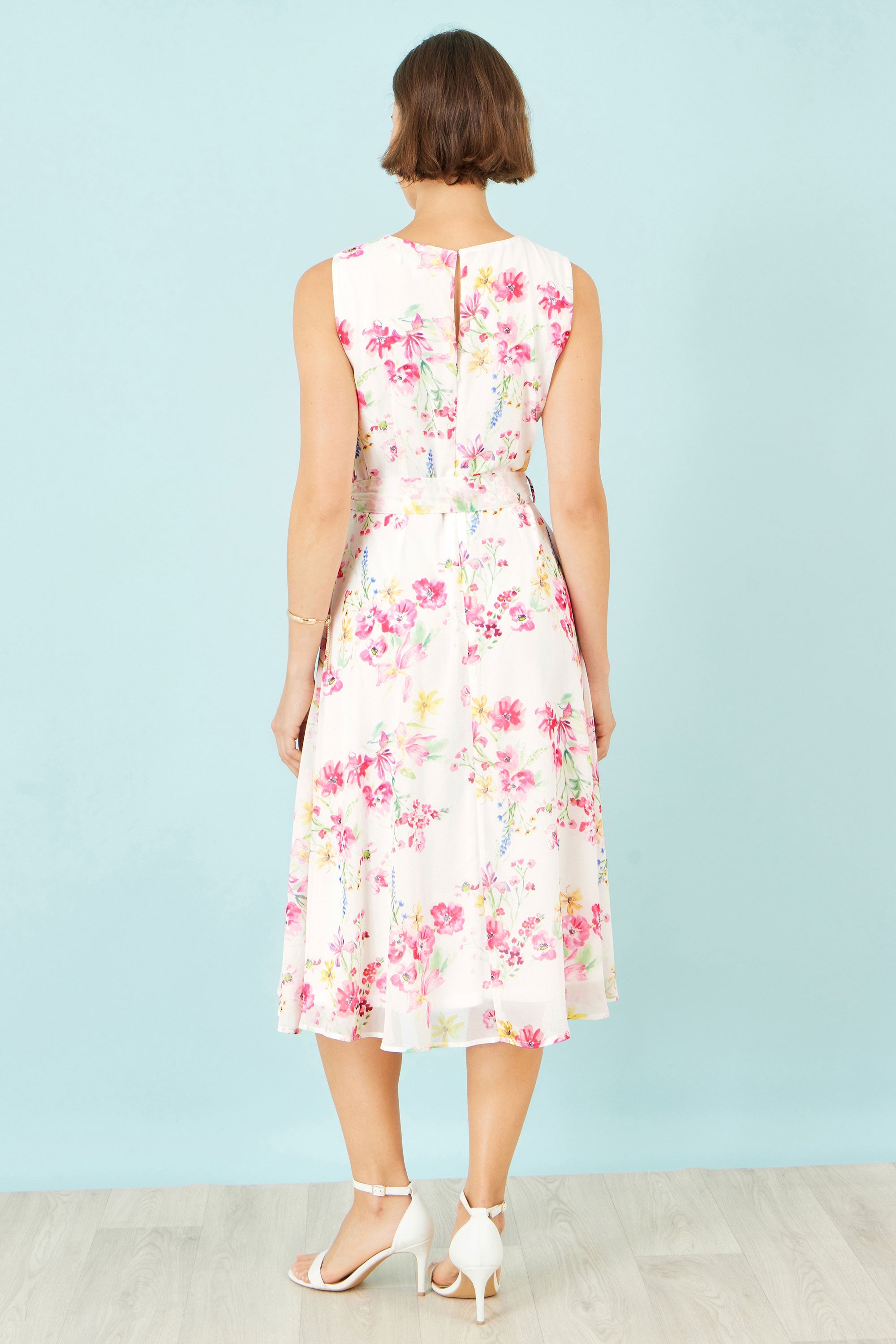 Yumi White Delicate Floral Midi Skater Dress - QHA UK