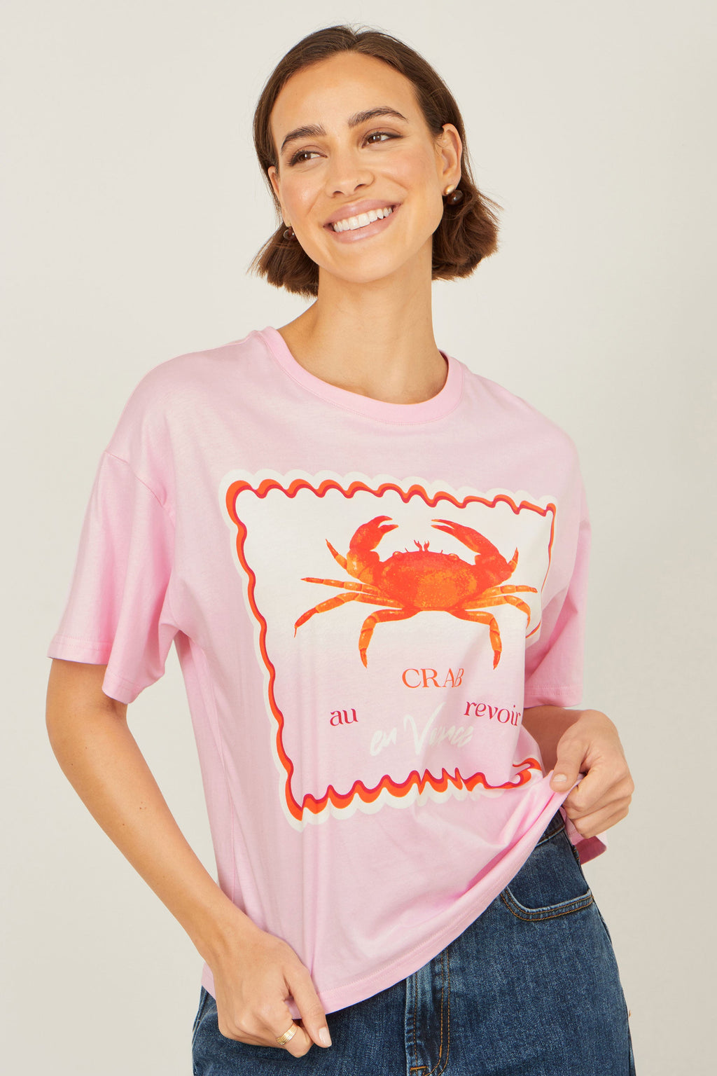 Yumi Pink Crab Vacation Print T Shirt