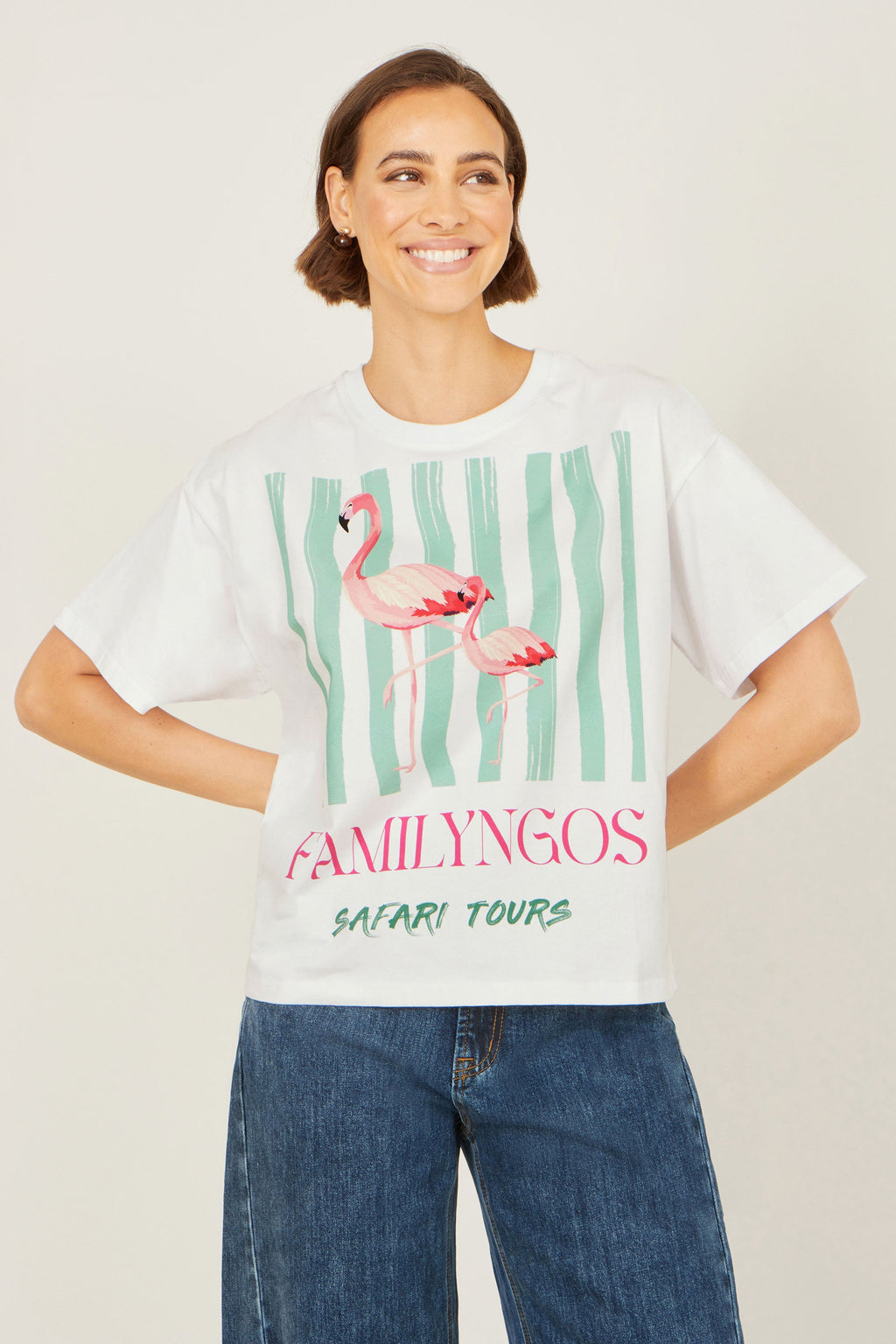 Yumi White Retro Relaxed Flamingo Cotton T Shirt