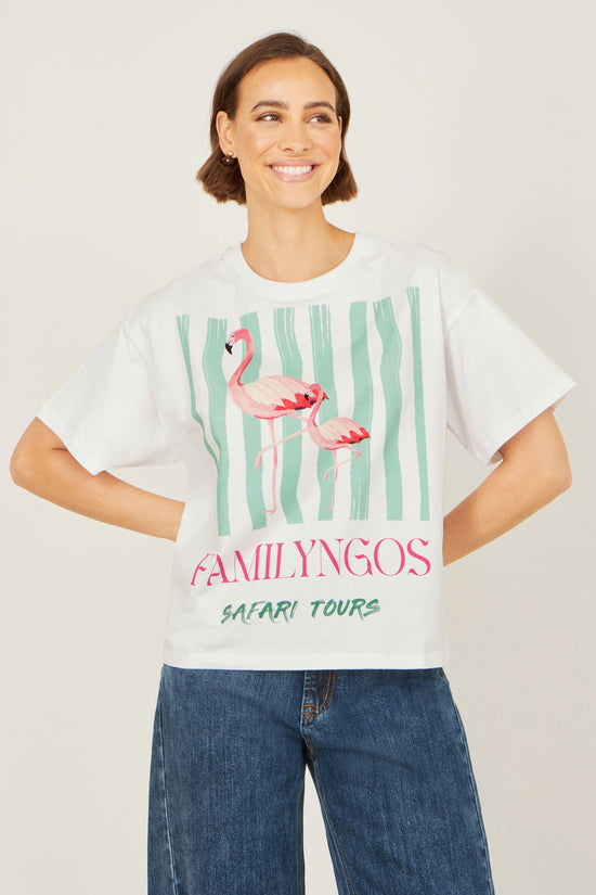 Yumi White Retro Relaxed Flamingo Cotton T Shirt - QHA UK
