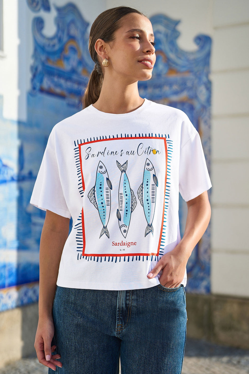 Yumi White Cotton Summer Motif T-Shirt