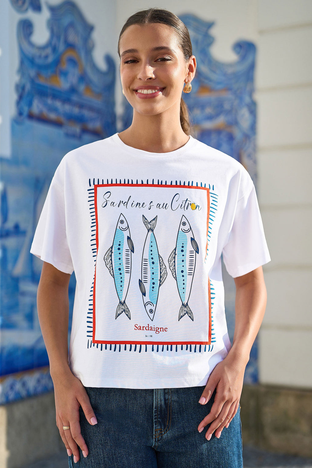 Yumi White Cotton Summer Motif T-Shirt