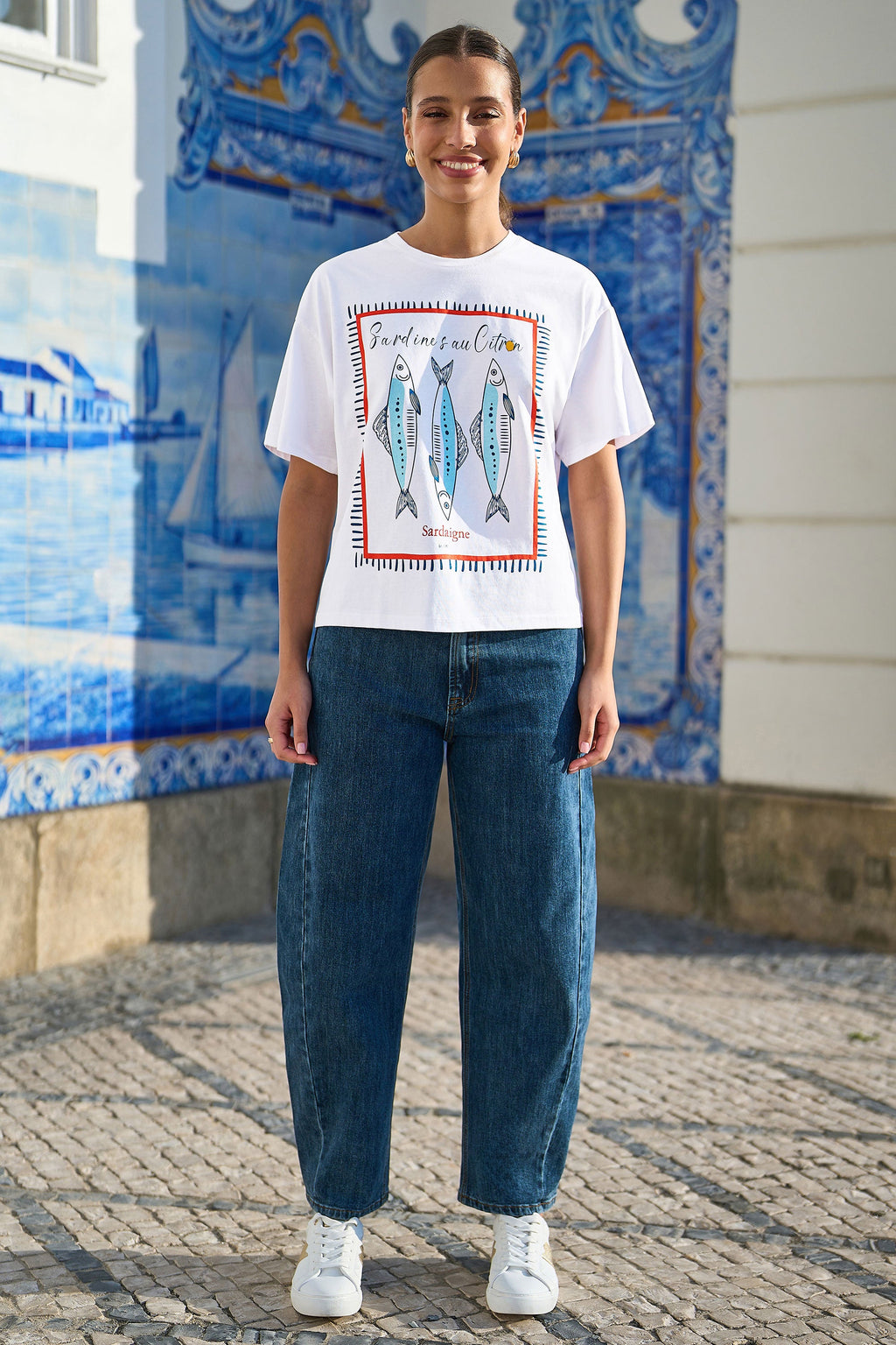 Yumi White Cotton Summer Motif T-Shirt