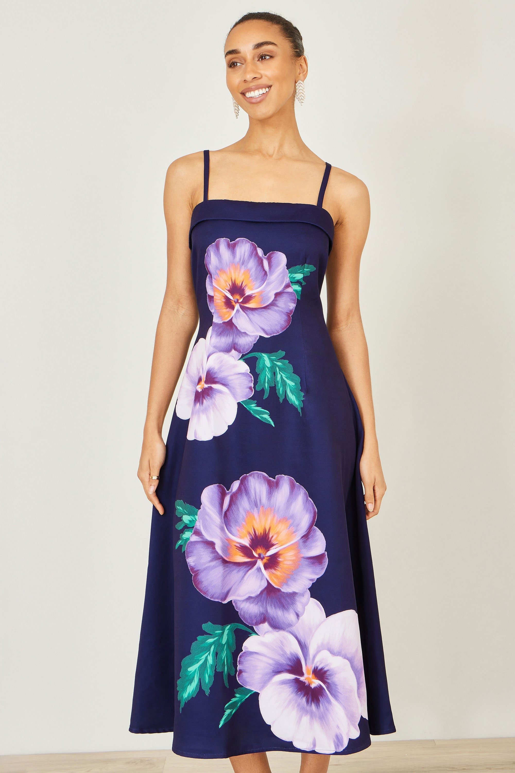 Yumi Navy Pansy Strappy Midi Dress - QHA UK