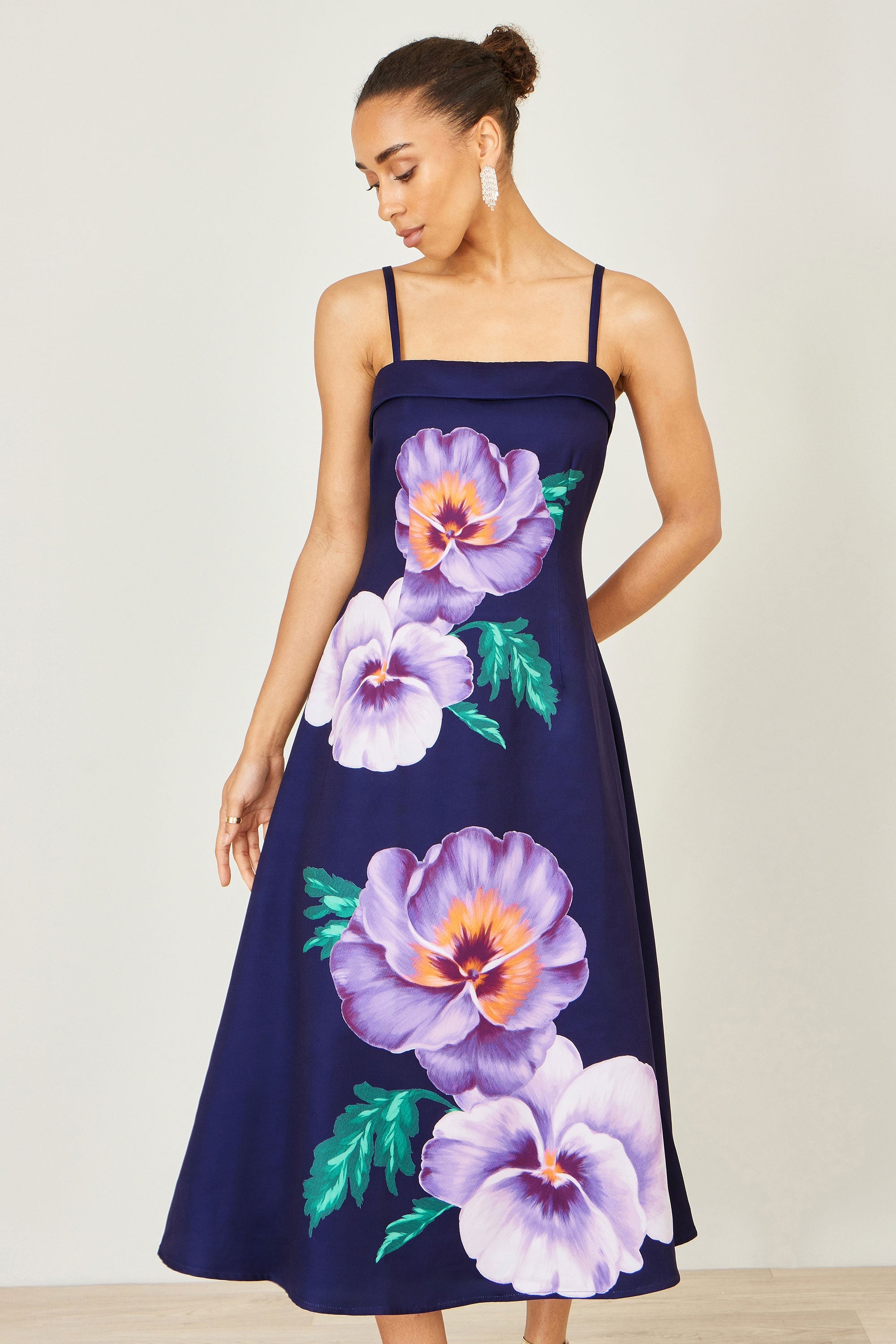 Yumi Navy Pansy Strappy Midi Dress - QHA UK