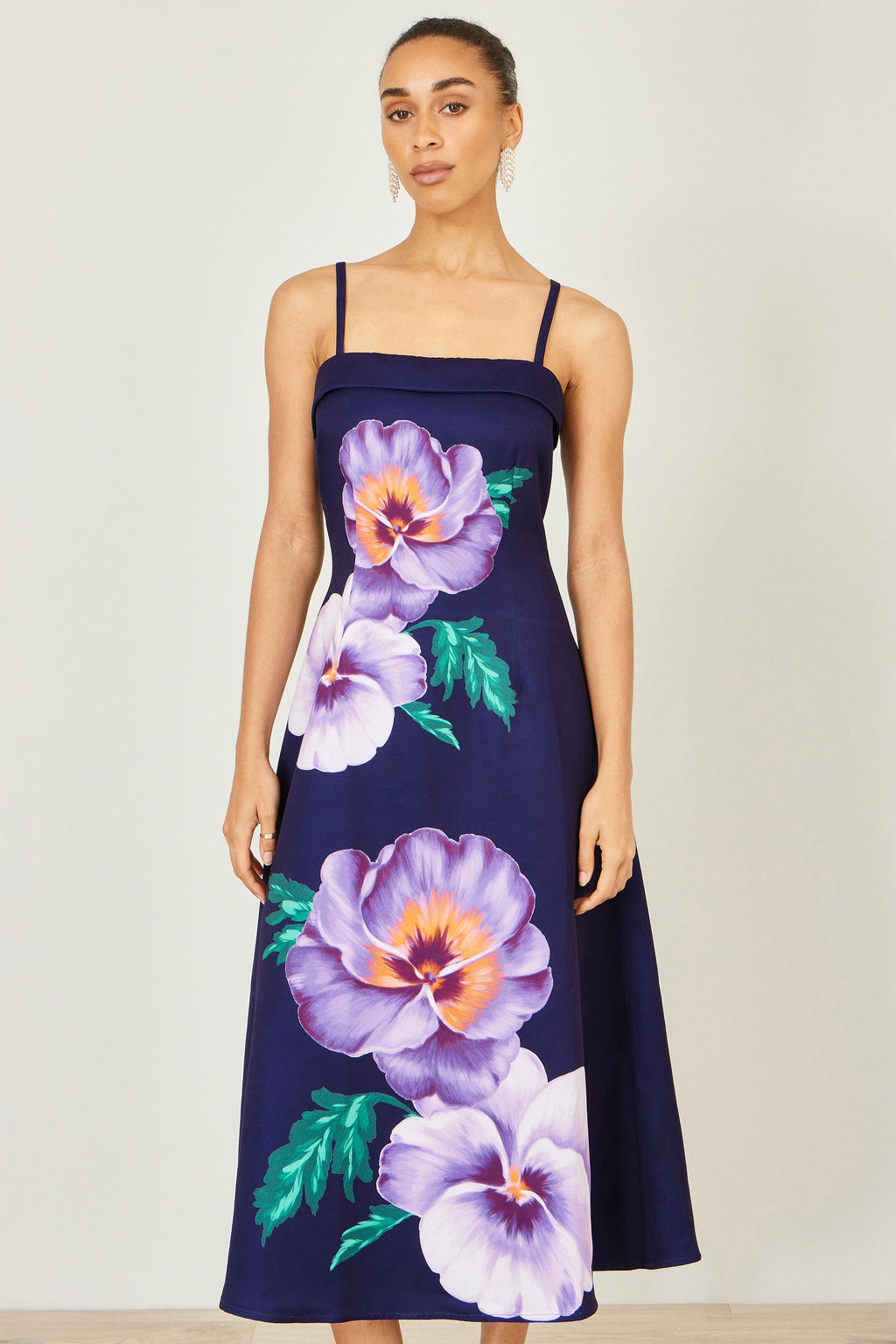 Yumi Navy Pansy Strappy Midi Dress - QHA UK