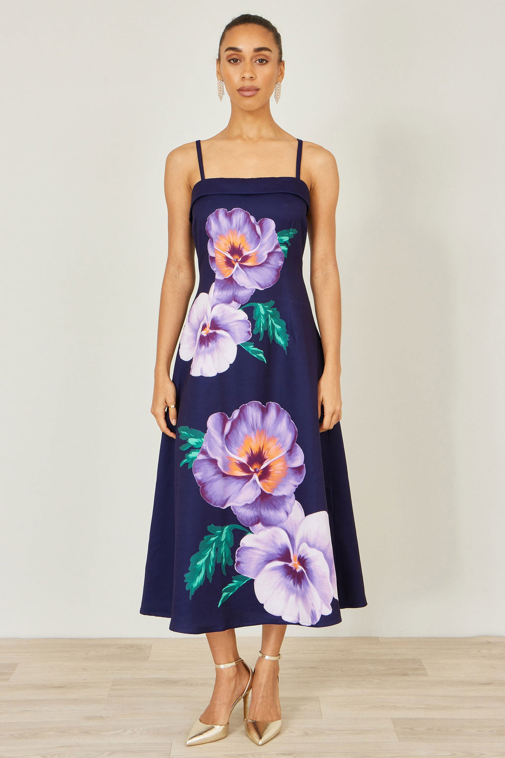 Yumi Navy Pansy Strappy Midi Dress - QHA UK