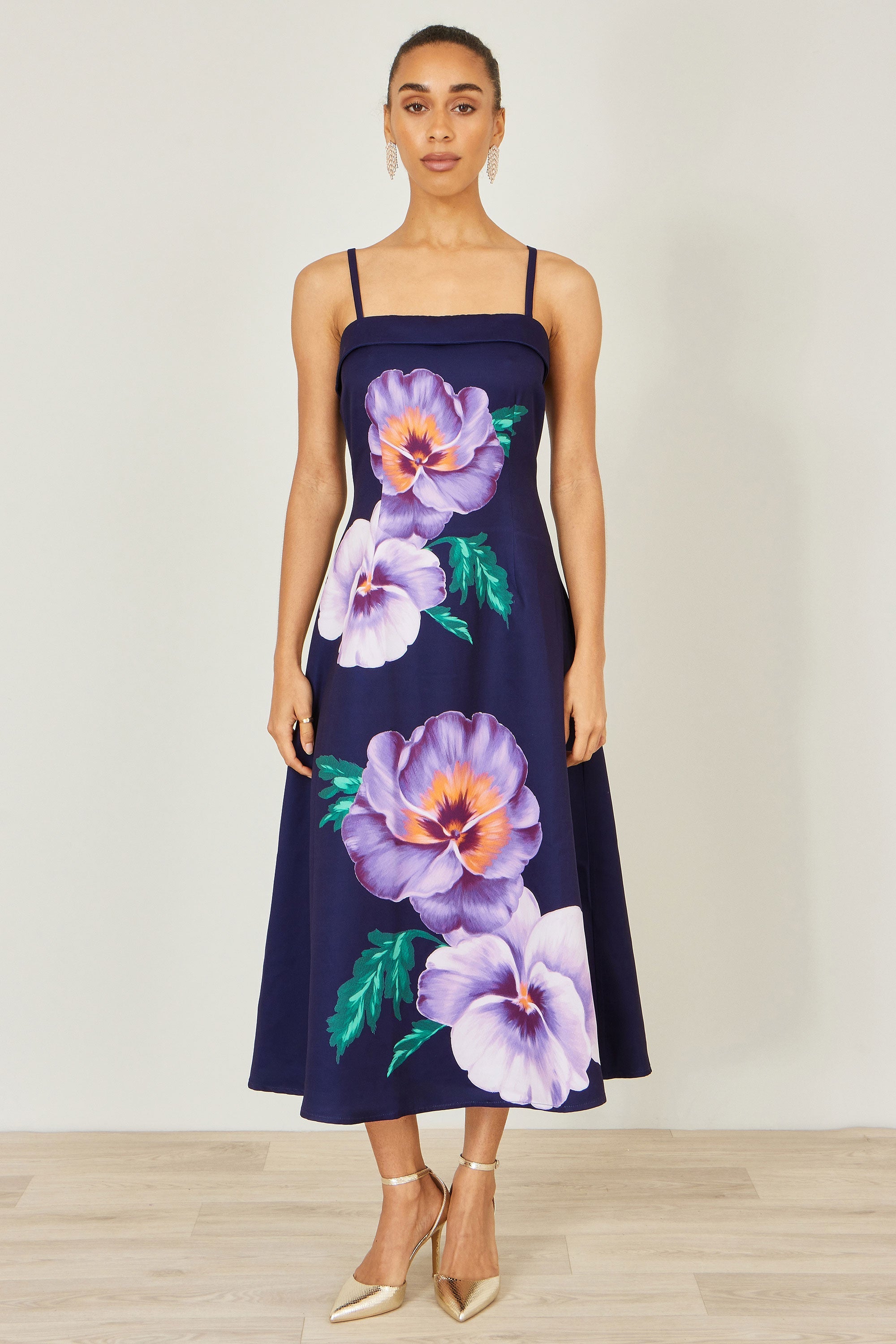 Yumi Navy Pansy Strappy Midi Dress - QHA UK
