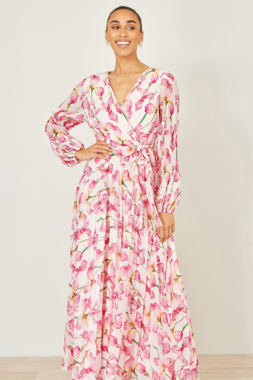 Yumi White Orchid Floral Pleated Wrap Maxi Dress - QHA UK