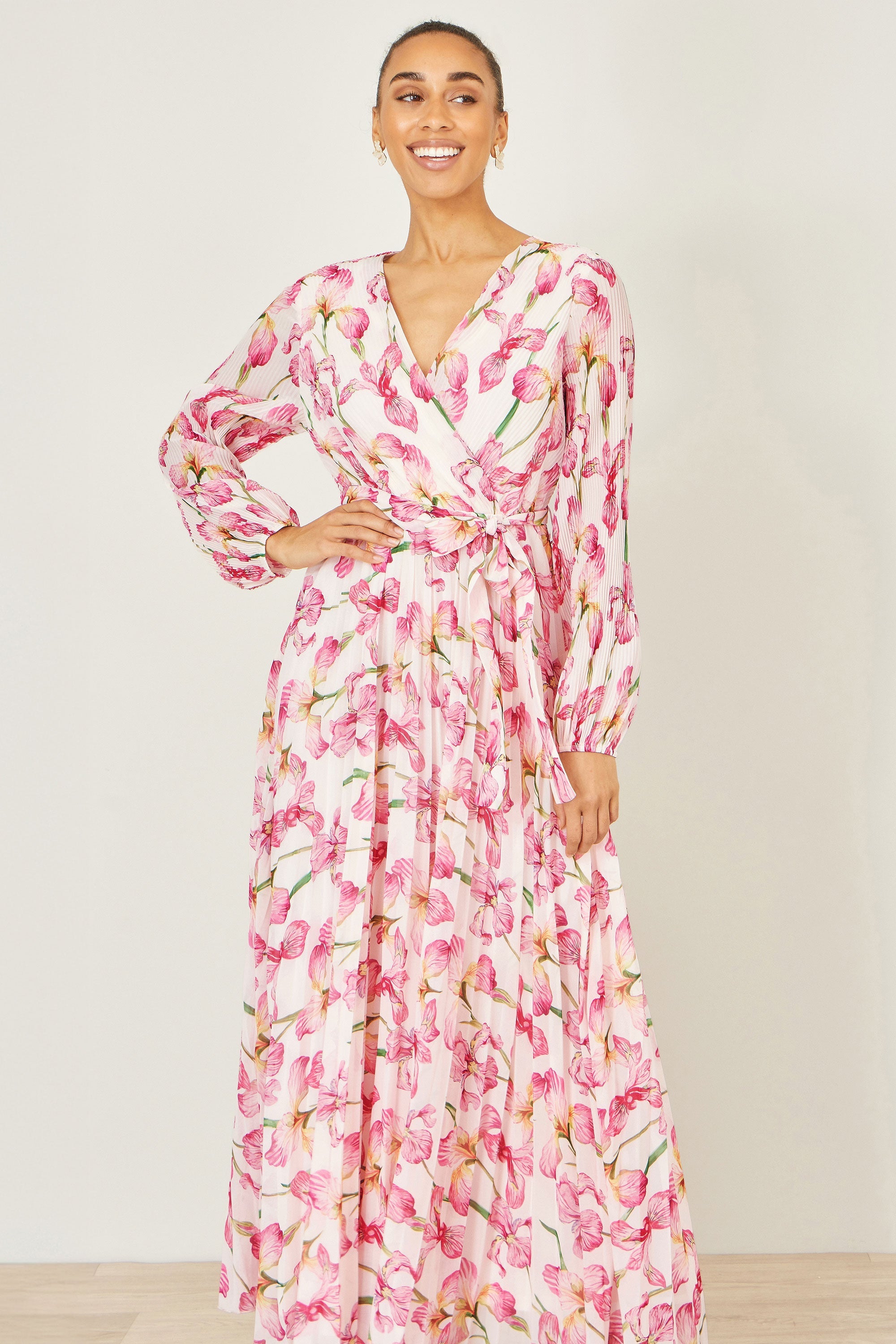 Yumi White Orchid Floral Pleated Wrap Maxi Dress - QHA UK