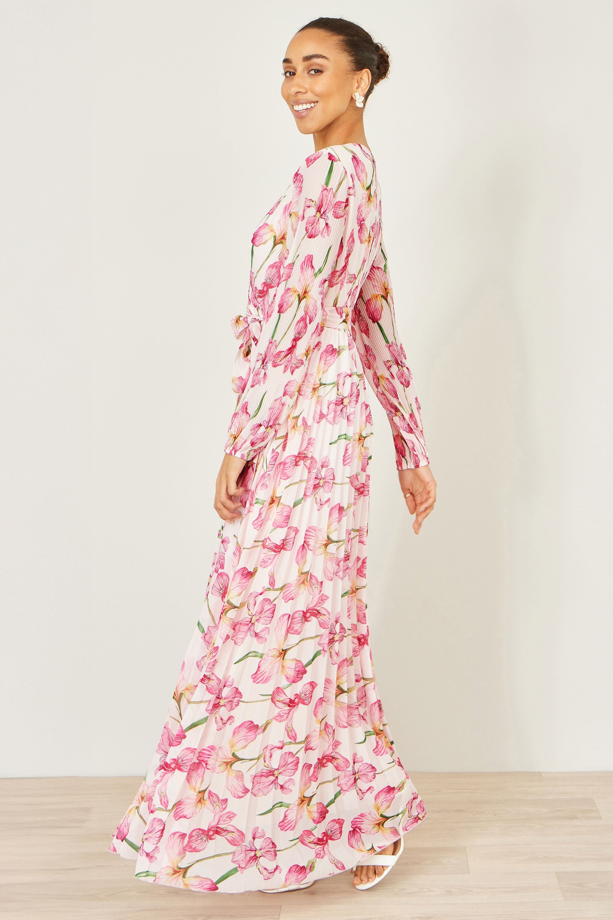 Yumi White Orchid Floral Pleated Wrap Maxi Dress - QHA UK