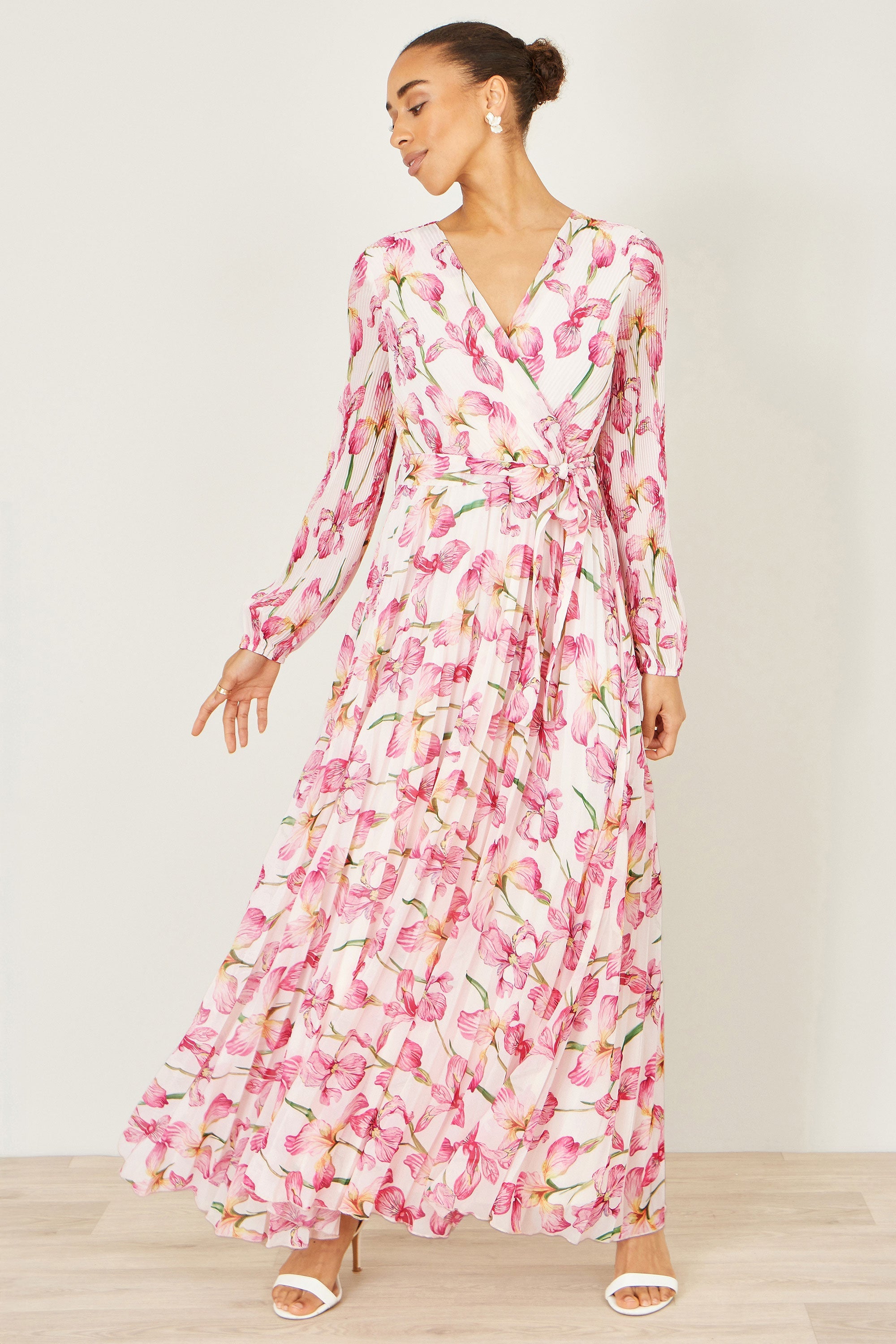 Yumi White Orchid Floral Pleated Wrap Maxi Dress - QHA UK