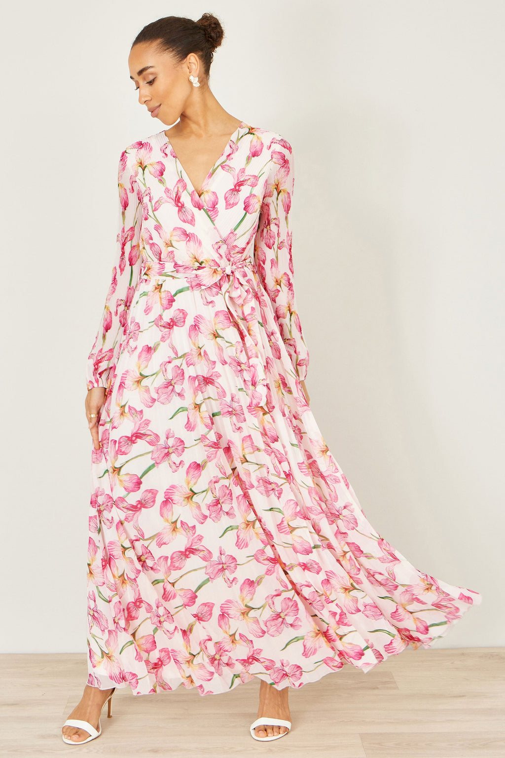 Yumi White Orchid Floral Pleated Wrap Maxi Dress - QHA UK