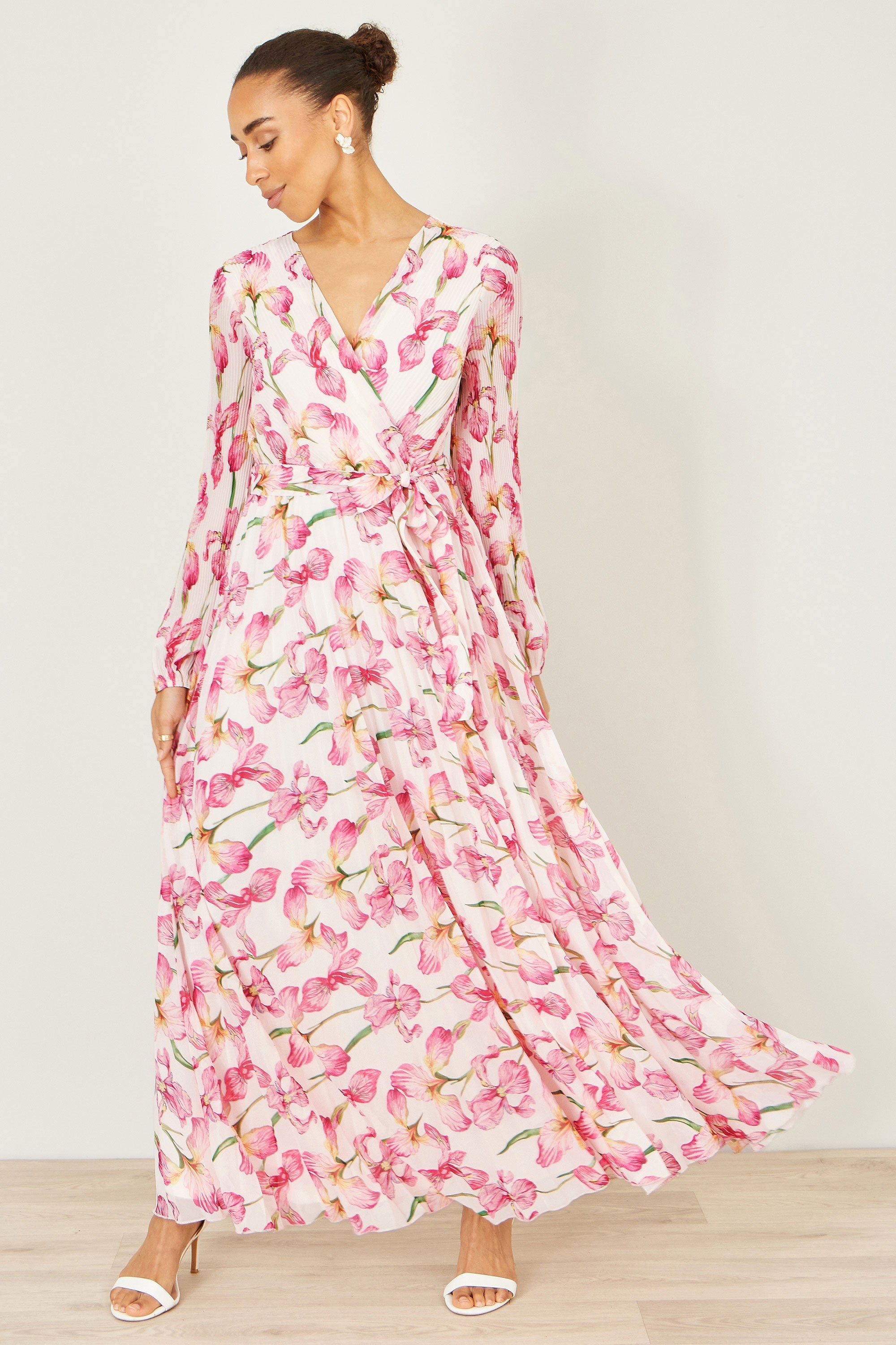 Yumi White Orchid Floral Pleated Wrap Maxi Dress - QHA UK