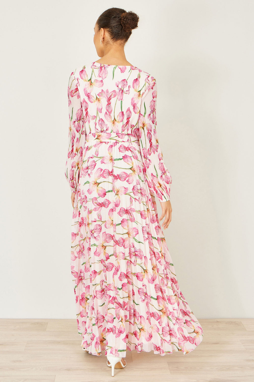 Yumi White Orchid Floral Pleated Wrap Maxi Dress - QHA UK
