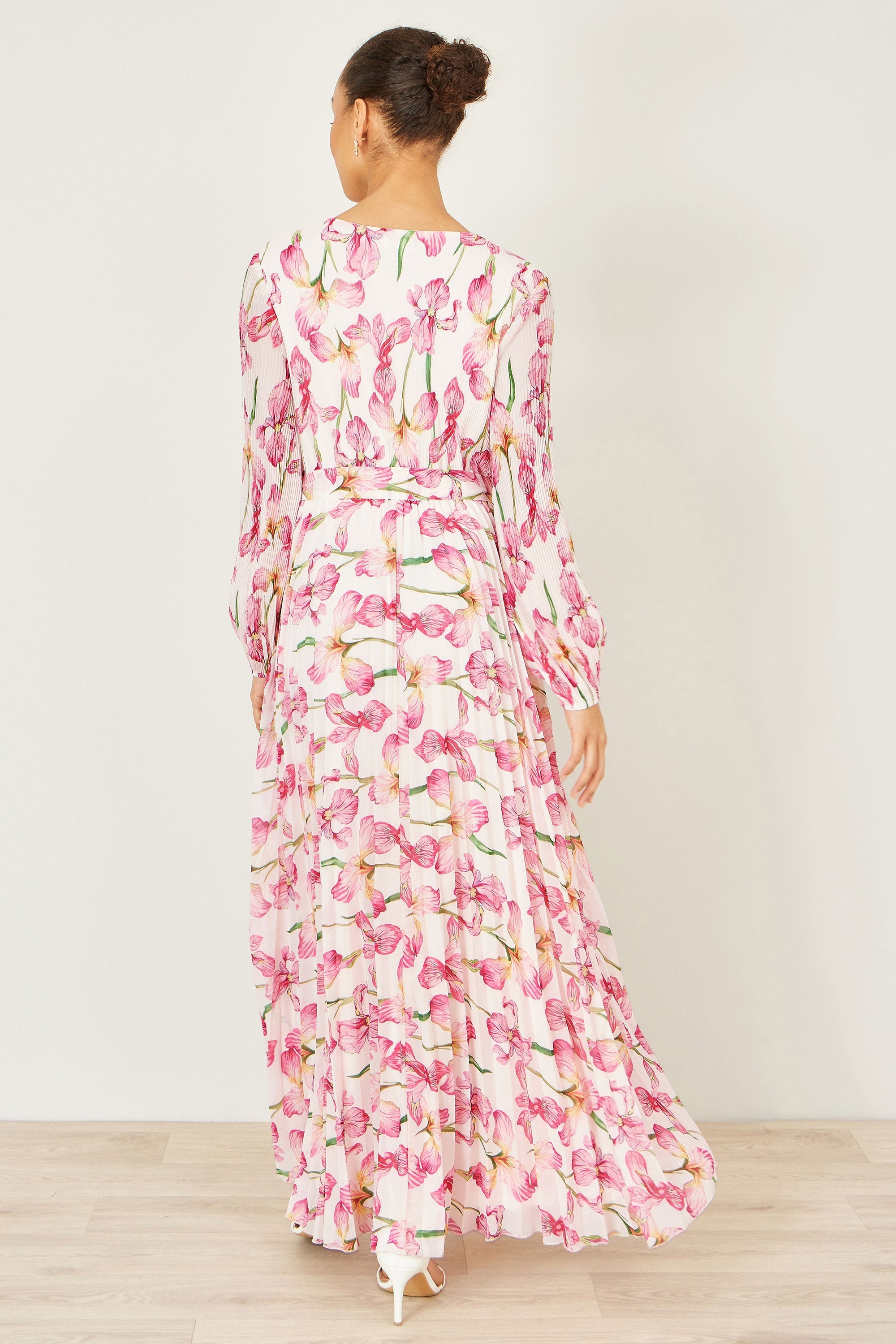 Yumi White Orchid Floral Pleated Wrap Maxi Dress - QHA UK