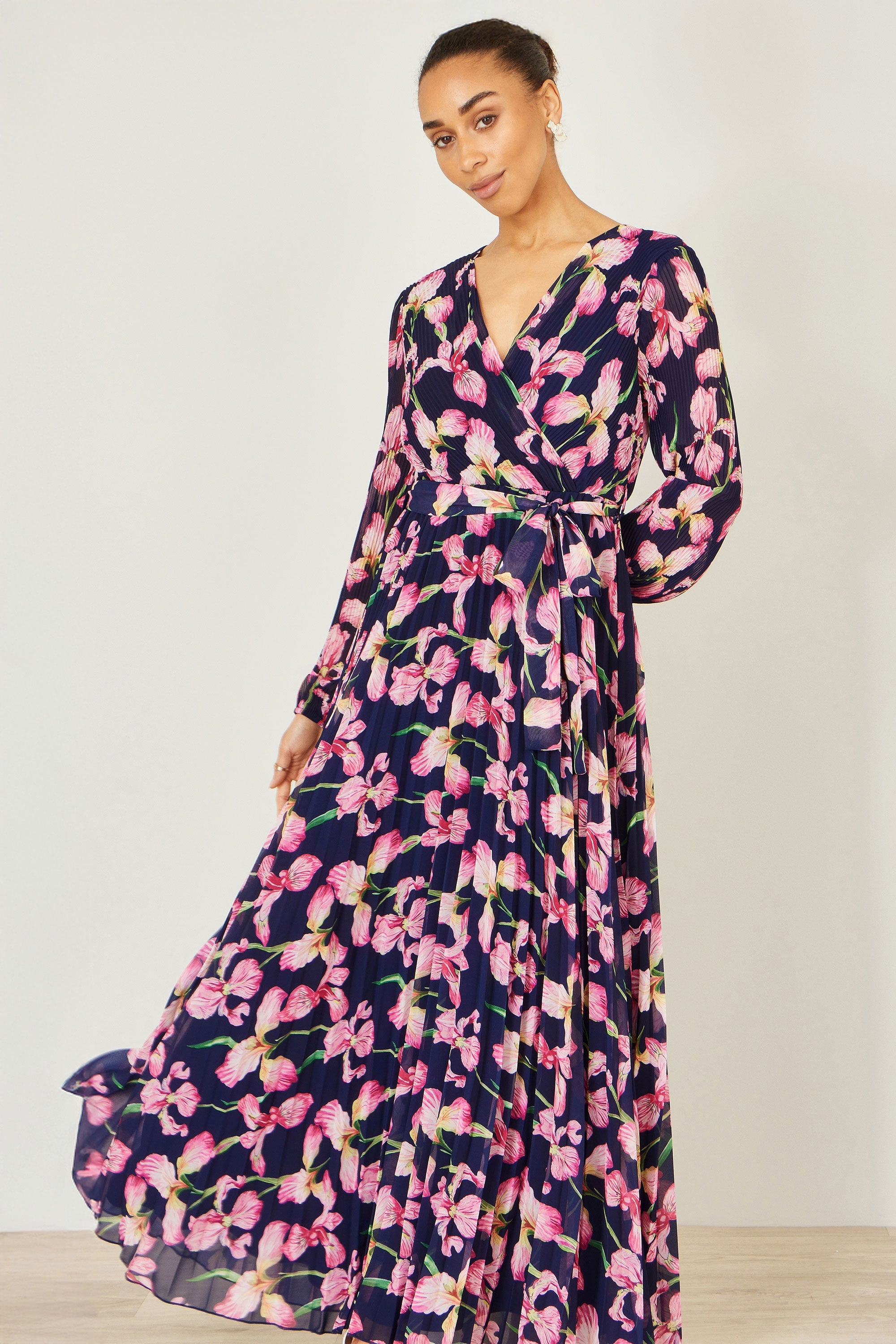 Yumi Navy Orchid Floral Pleated Wrap Maxi Dress - QHA UK