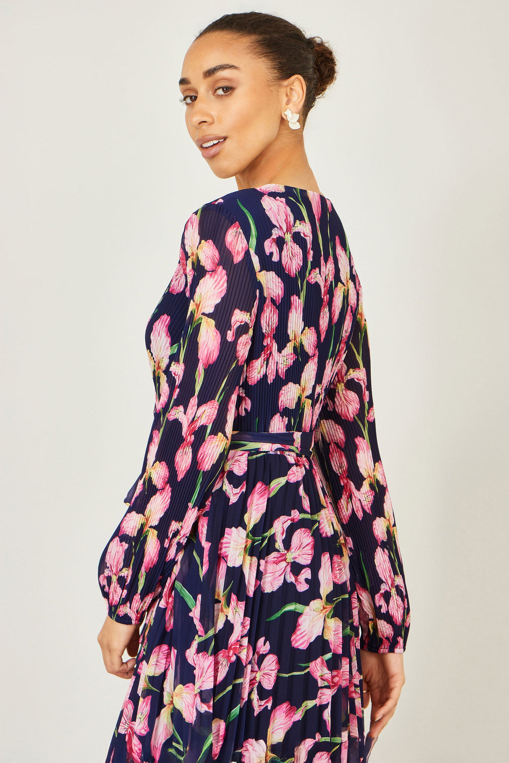 Yumi Navy Orchid Floral Pleated Wrap Maxi Dress - QHA UK